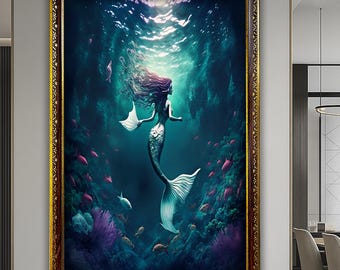 Mermaid in Water, Fishes and Mermaid Canvas Wall Art, Mermaid Canvas Painting, Sea Beauty Art, Blue Canvas Art, Housewarming Gift, Home Gift
