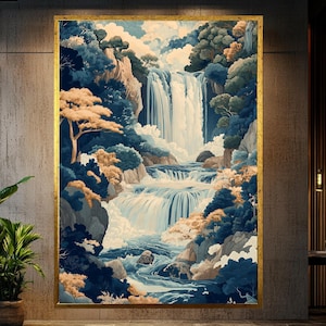 Hokusai Ukiyo-e Waterfall Canvas Art: Japandi Mountain Landscape