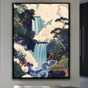 Toile cascade Hokusai Ukiyo-e : impression paysage Japandi