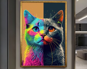 Arte colorido de la pared del gato, pintura linda del lienzo de la pared del gato, arte pop, arte divertido de la pared, decoración del vivero, decoración de la pared del lienzo, arte moderno de la pared, hogar del regalo
