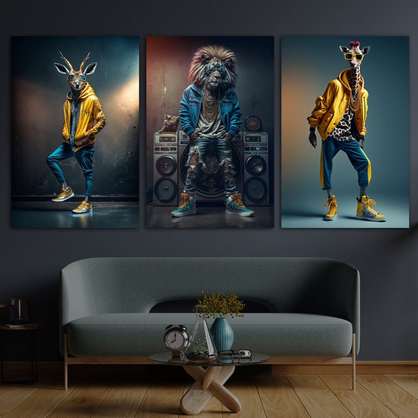 Hip-Hop Animals, Animals Dressed as Humans Posters, Funny Animals Wall Decor, Giraffe Art, Lion Canvas, Deer Painting, Animal Wall Art, Pop