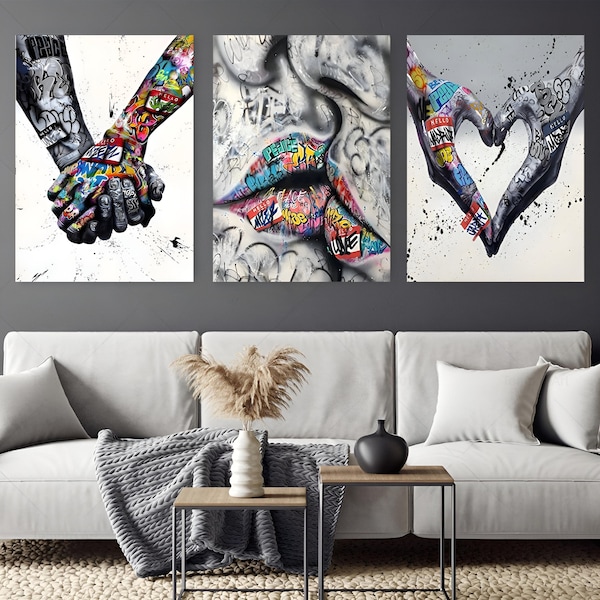 Banksy Set of 3 Canvas, Love and Kissing Art, Gift for Lover, Colourful Graffiti Hand, Famous Mural Quote, Heart Graffiti Art, Canvas Art