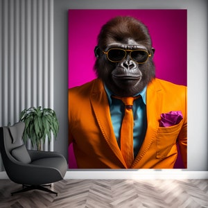 May include: A gorilla wearing a bright orange suit with a blue shirt and a tie. The gorilla is wearing sunglasses and has a pink handkerchief in the pocket of the suit jacket.
