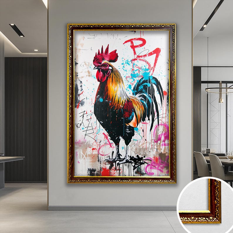 Rooster Painting Roosteer Decor Banksy Decoration Modern Unique Home Design Office Decoration Rooster Graffiti Farmhouse Gift Street Art image 1