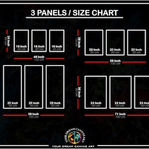 May include: A size chart for 3-panel canvas prints. The chart shows the dimensions in inches and centimeters for different sizes of prints. The chart is labeled "3 Panels / Size Chart".