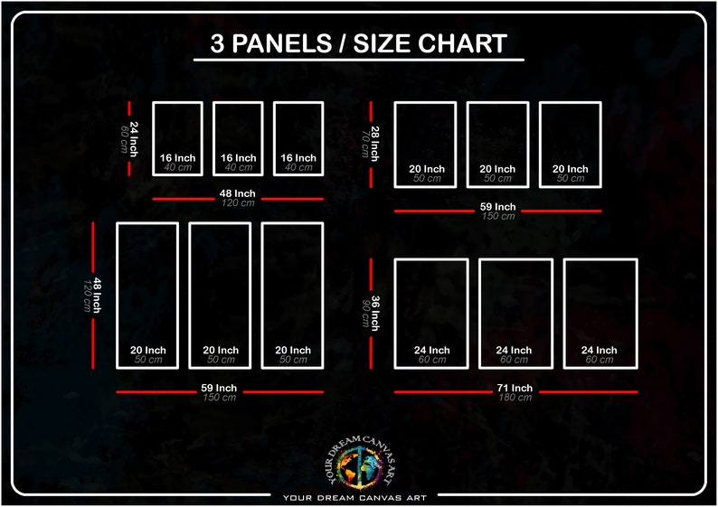 May include: A size chart for 3-panel canvas prints. The chart shows the dimensions in inches and centimeters for different sizes of prints. The chart is labeled "3 Panels / Size Chart".