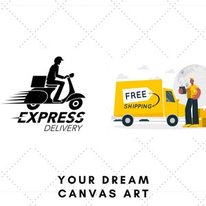 May include: A black and white illustration of a delivery person riding a scooter with the text "Express Delivery". A yellow delivery truck with the text "Free Shipping" is on the right side of the image. The truck is next to a person holding a package and a globe with pins.