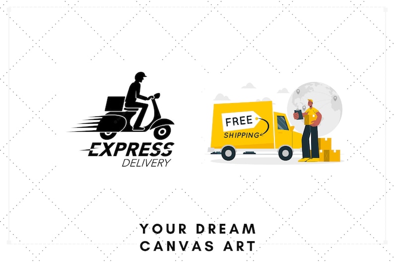 May include: A black and white illustration of a delivery person riding a scooter with the text "Express Delivery". A yellow delivery truck with the text "Free Shipping" is on the right side of the image. The truck is next to a person holding a package and a globe with pins.