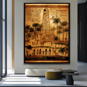 Puede incluir: Una ilustraci&oacute;n de estilo vintage que representa una escena del antiguo Egipto. La imagen muestra una estructura alta y estrecha con jerogl&iacute;ficos, rodeada de palmeras y figuras de personas. La escena est&aacute; pintada en tonos marrones y beige, lo que le da un ambiente c&aacute;lido y terroso.