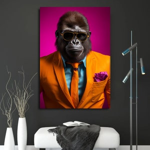 May include: A gorilla wearing sunglasses and a bright orange suit with a blue tie and a pink pocket square against a hot pink background.