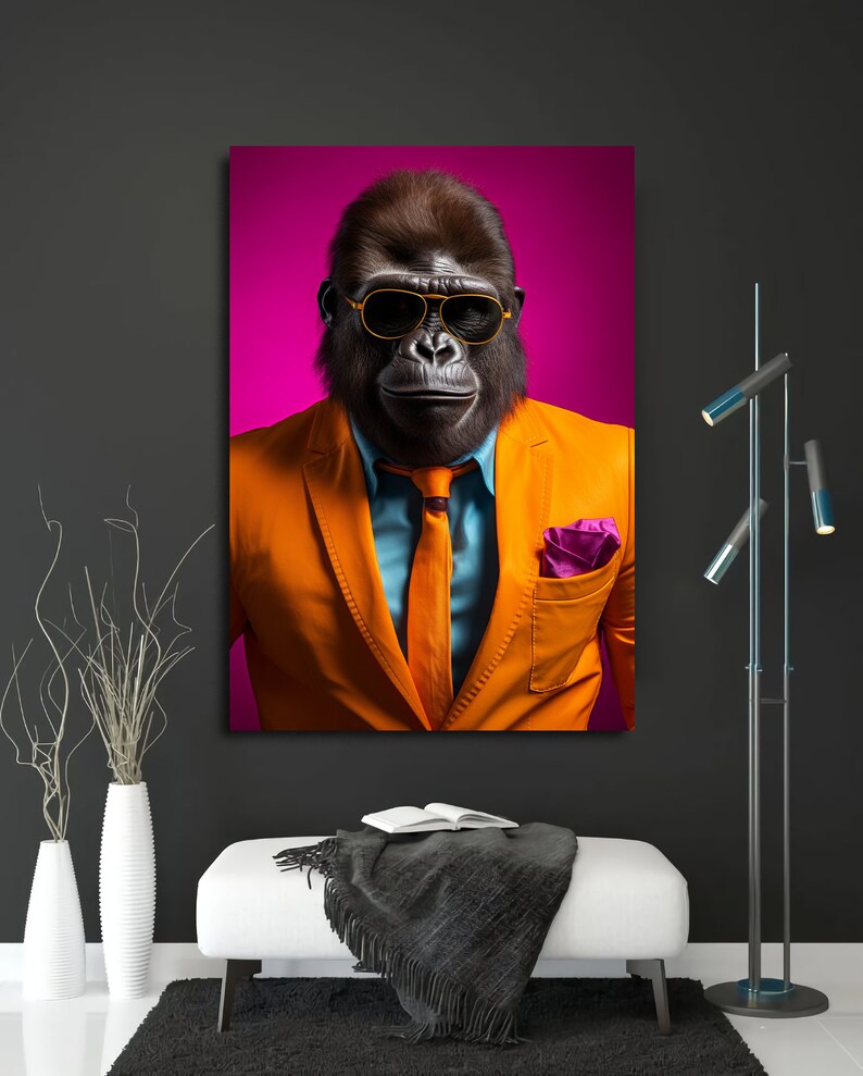 May include: A gorilla wearing sunglasses and a bright orange suit with a blue tie and a pink pocket square against a hot pink background.