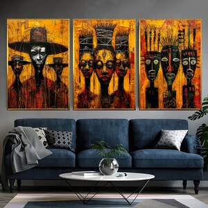 Set of 3 Print African Design African Gods Art  African Canvas Set Black Art Decor Office Desing Large Artwork Black Framed Art Home Decor