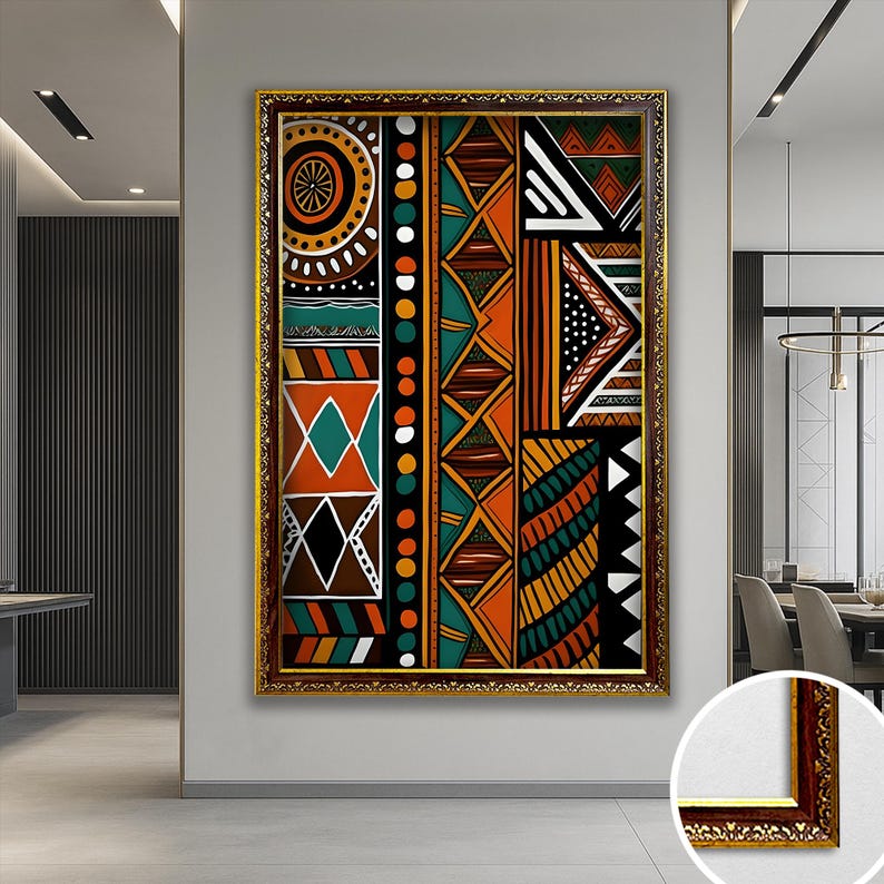 Abstrakt afrikansk inramad canvastavla, etnisk tribal dekor, modern geometrisk stor texturerad konstverk Gold & Brown Frame