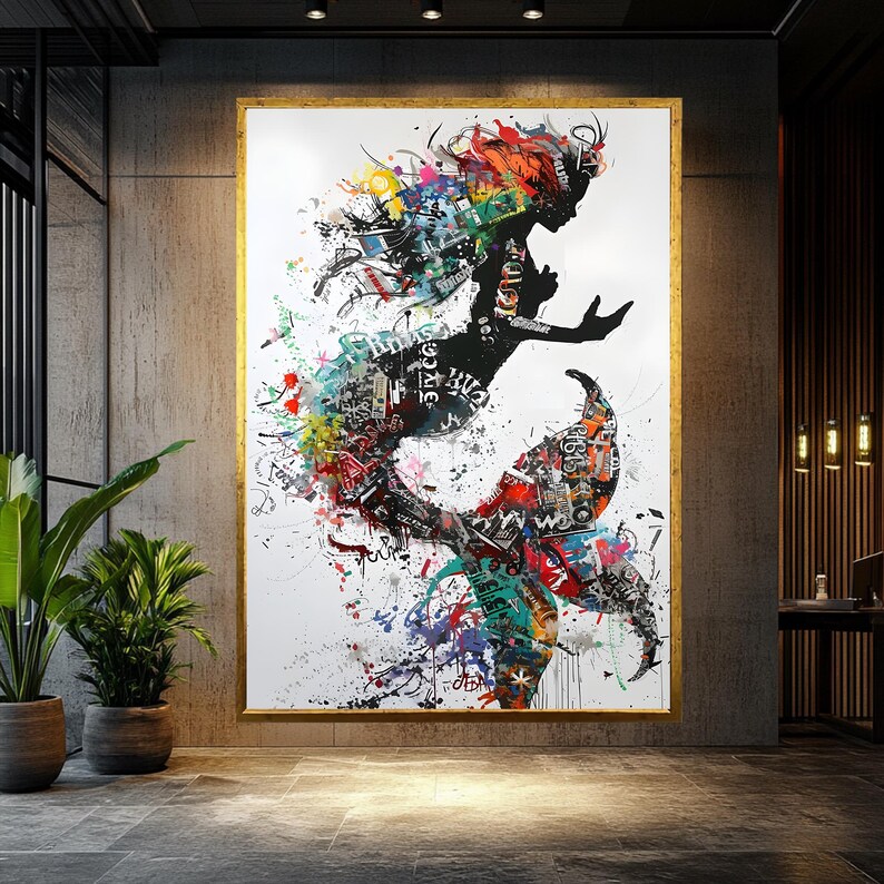 Magical Mermaid Art Banksy Wall Art Street Graffiti Art Mermaid Wall decor Gold Framed Art Fashion Wall Art Large wall Decor Banksy Artwork image 3