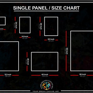May include: A size chart for single panel canvas art prints. The chart shows the dimensions of different sizes in both inches and centimeters. The largest size is 59 inches by 38 inches (150 cm by 90 cm).