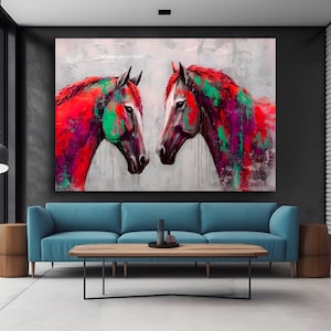 Arte de dos caballos, decoración colorida y única de la pared del caballo, pintura de la pared de animales, arte animal colorido, decoración del hogar, arte de la pared, regalo, decoración de la pared de la oficina