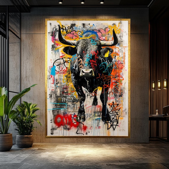 Bull Wall Art, Graffiti Painting Street Wall Art Animal Lovers Gift İnterior Decor Modern Unique Livingroom Decor Home Decoration Gift İdea