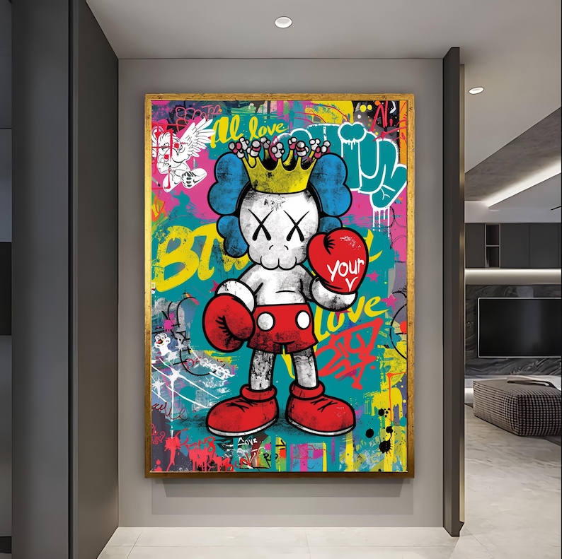 Kaws Frame Wall Art Kaws Wall Art Kaws Figure Graffiti Wall Art Large Artwork Modern Wall Art Office Decor Gold Framed Art Housewarming Gift