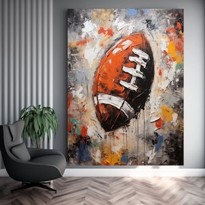 May include: Abstract painting of a football on a colourful background. The football is brown and white with a textured surface. The background is a mix of colours, including yellow, orange, blue, green, and grey.