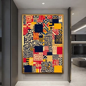 May include: Abstract geometric art print with a colorful patchwork design featuring red, yellow, blue, and black squares and geometric patterns. The print is framed in gold.