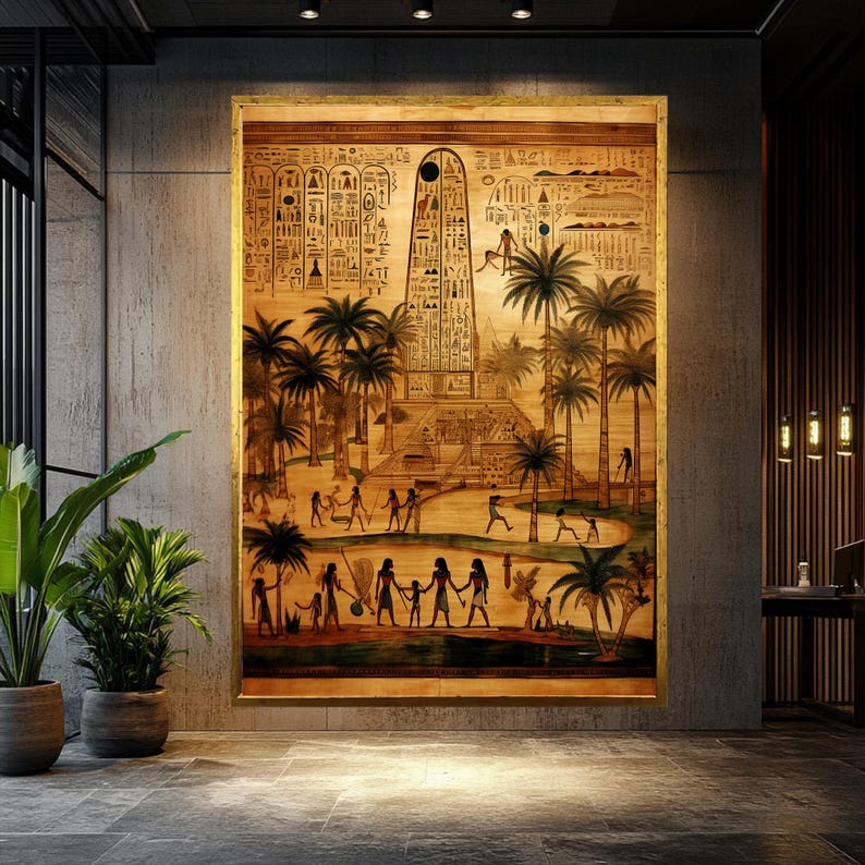 Puede incluir: Una ilustraci&oacute;n de estilo vintage de una escena del antiguo Egipto. La imagen representa una estructura rectangular alta con jerogl&iacute;ficos, rodeada de palmeras y figuras. La escena se desarrolla sobre un fondo marr&oacute;n claro.
