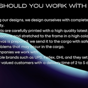 May include: Text on a black background with a blue and purple gradient in the bottom right corner. The text reads "WHY SHOULD YOU WORK WITH US?" and lists reasons why you should work with them, including original designs, high quality printing, and fast shipping.