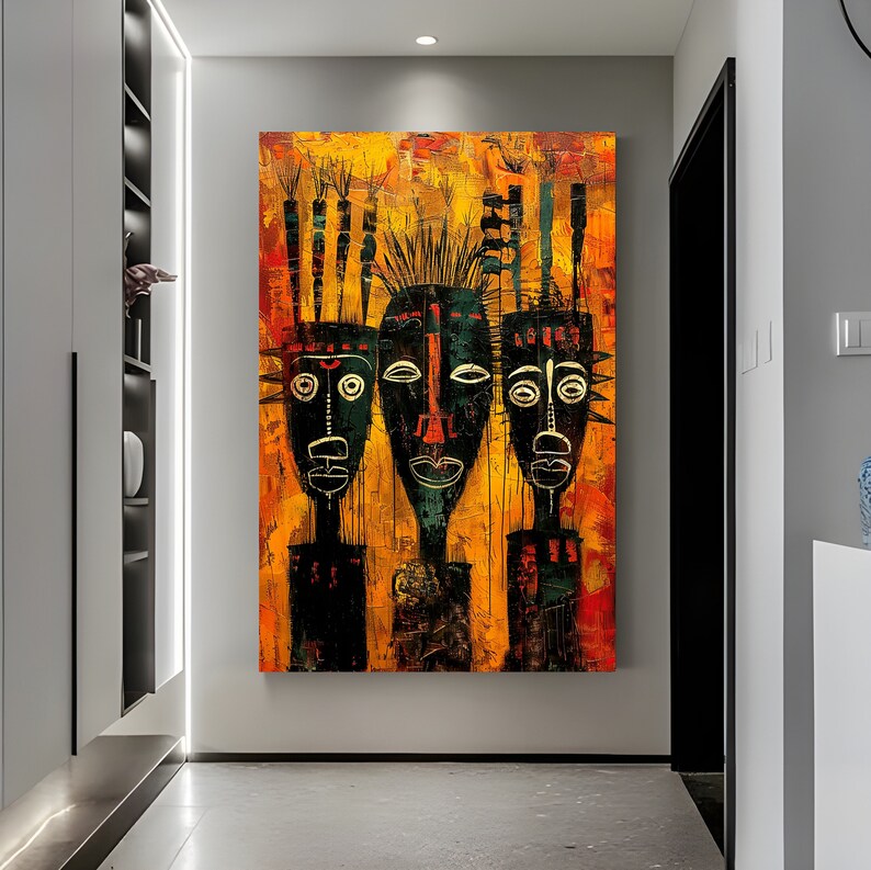 May include: Abstract painting of three stylized faces with black, white, and red details on a yellow and orange background.