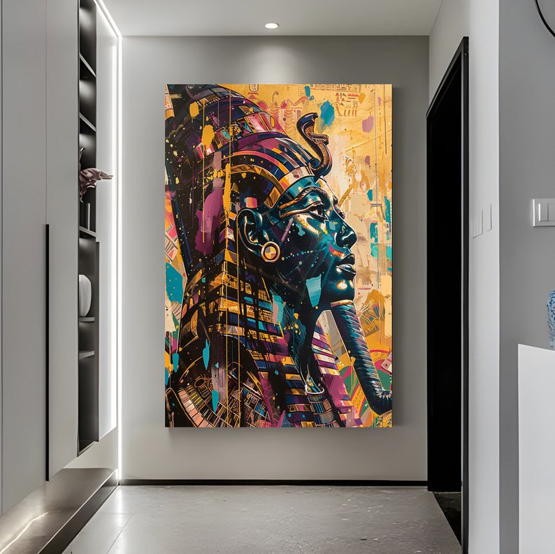 May include: A colorful abstract painting of a pharaoh's head with a gold and purple headdress. The background is a yellow and blue abstract design.