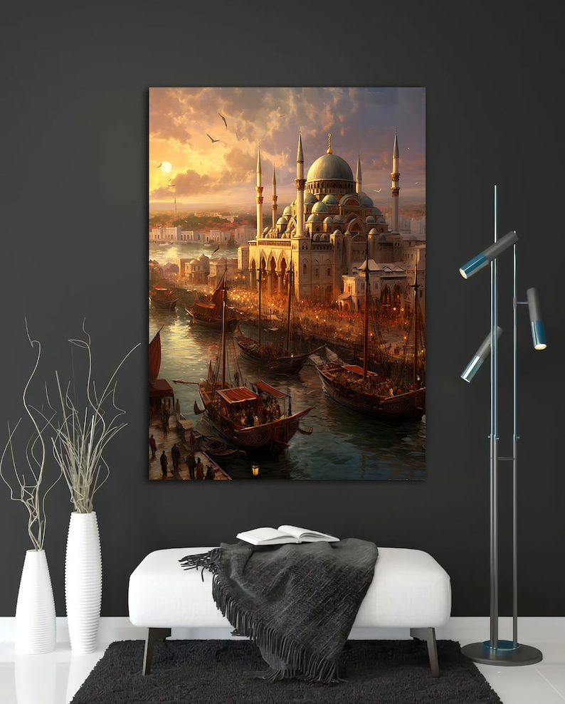 K&ouml;nnte beinhalten: Ein Gem&auml;lde, das eine wei&szlig;e Moschee mit einer blauen Kuppel zeigt, die an einem Ufer mit Booten und Menschen liegt. Der Himmel ist in warmen Orange- und Rosat&ouml;nen gehalten.