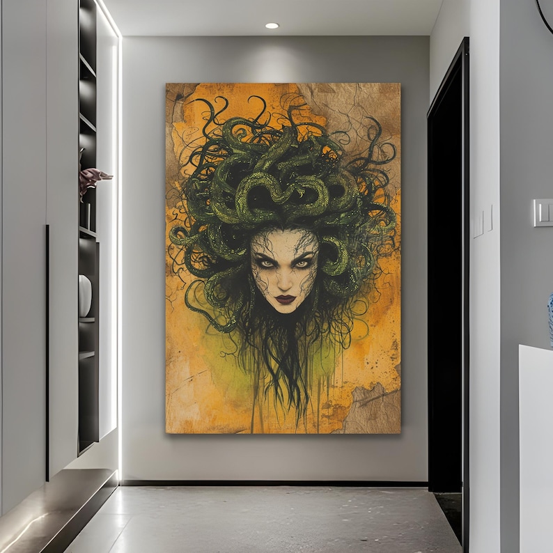 Obraz na płótnie z motywem Meduzy, dekoracja z mitologii greckiej, oprawiony obraz Streched Wood Canvas