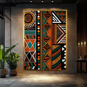 Abstrakt afrikansk inramad canvastavla, etnisk tribal dekor, modern geometrisk stor texturerad konstverk Gold Frame