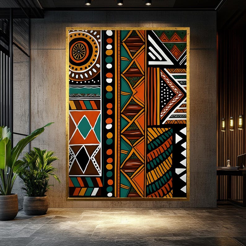 Abstrakt afrikansk inramad canvastavla, etnisk tribal dekor, modern geometrisk stor texturerad konstverk Gold Frame