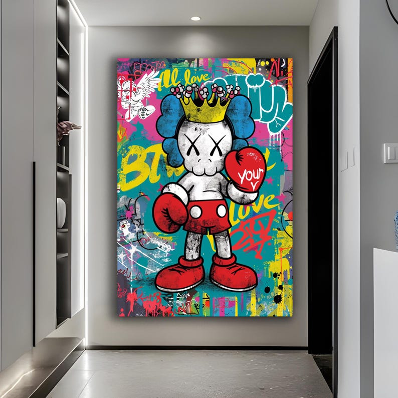 May include: A colorful, graffiti-style artwork featuring a cartoon character wearing a crown and boxing gloves. The character is standing on a background of bright colors and abstract shapes. The text "All Love" and "Your Love" is visible in the artwork.