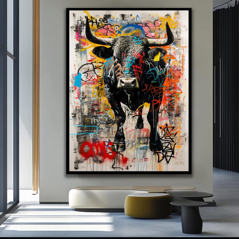 ブルウォールアート、グラフィティペインティングストリートウォールアート動物愛好家へのギフトインテリア装飾モダンユニークリビングルーム装飾ホームデコレーションギフトアイデア Black Frame