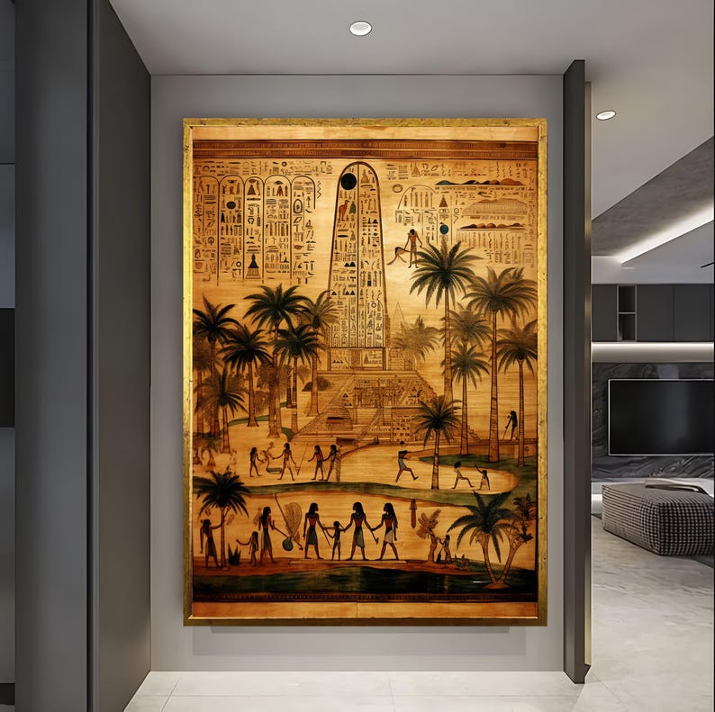Puede incluir: Una ilustraci&oacute;n de estilo vintage que representa una escena del antiguo Egipto. La imagen presenta una estructura alta y ornamentada con jerogl&iacute;ficos, palmeras y figuras con vestimenta tradicional. La obra de arte est&aacute; realizada en tonos c&aacute;lidos de marr&oacute;n, dorado y beige.