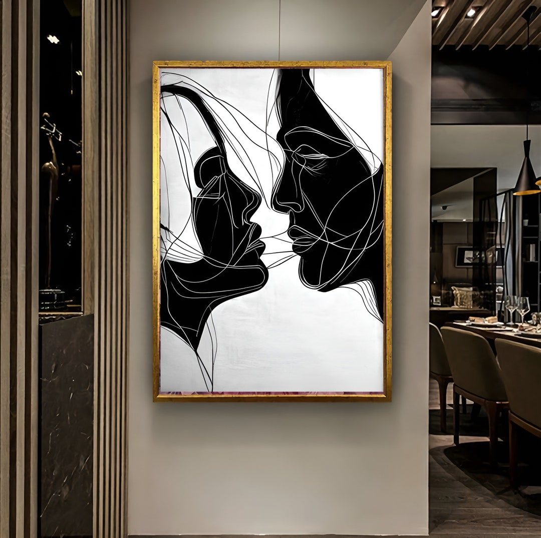 Man and Woman Kissing Wall Art, Minimalist Kissing Canvas Painting