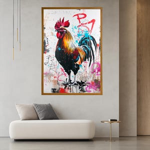 Rooster Painting Roosteer Decor Banksy Decoration Modern Unique Home Design Office Decoration Rooster Graffiti Farmhouse Gift Street Art image 2