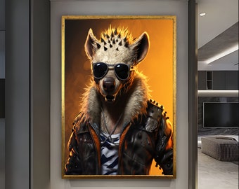 Cool Hyena Wall Art, Hyena Wall Decor in Biker Dress, Fashion Icon Hyena Art, Hyena Wall Art, Cool Animals Art, Nursery Wall Art, Office art