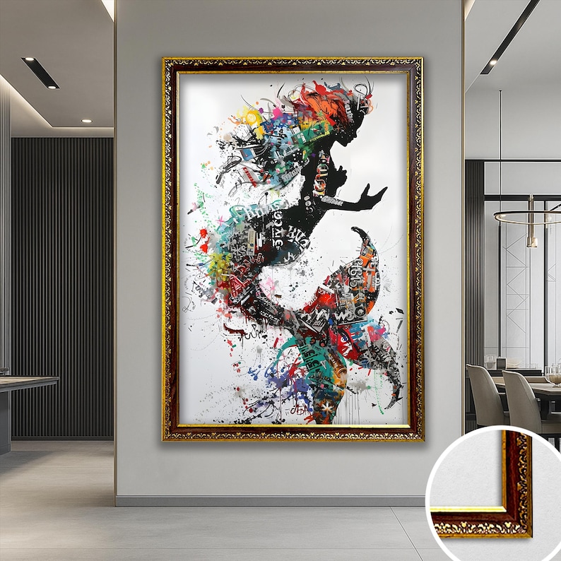 Magical Mermaid Art Banksy Wall Art Street Graffiti Art Mermaid Wall decor Gold Framed Art Fashion Wall Art Large wall Decor Banksy Artwork image 1