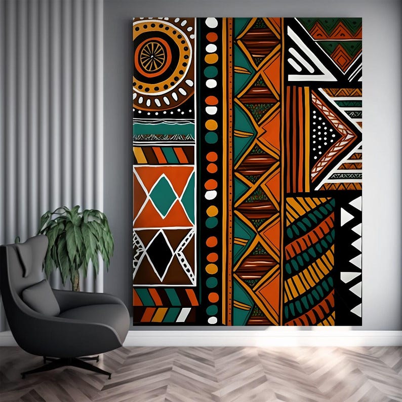 Abstrakt afrikansk inramad canvastavla, etnisk tribal dekor, modern geometrisk stor texturerad konstverk bild 8