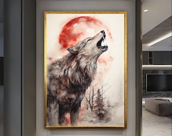 狼の顔の絵、狼の肖像画、隠れた狼、狼の目、壁アート、キャビンの装飾