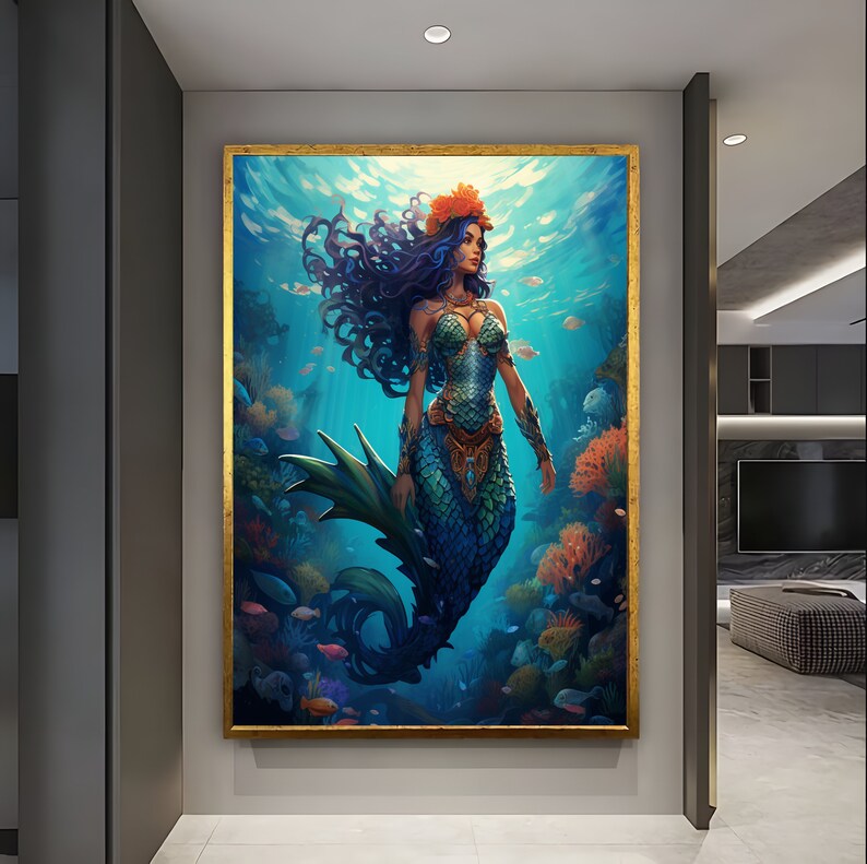 Puede incluir: Una pintura digital de una sirena con cabello largo azul y una cola verde. Lleva una corona de flores naranjas y un sujetador de conchas verdes y azules. Est&aacute; rodeada de corales y peces en un oc&eacute;ano azul.