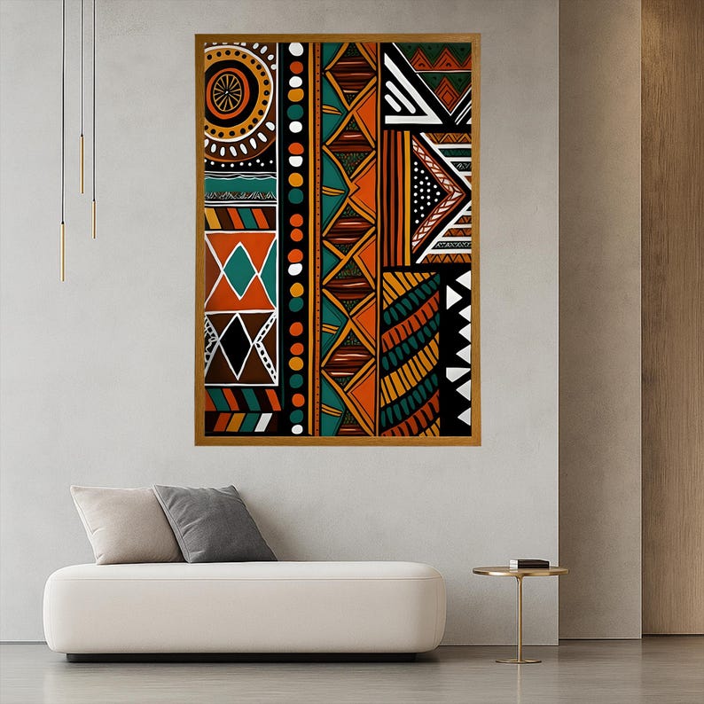 Abstrakt afrikansk inramad canvastavla, etnisk tribal dekor, modern geometrisk stor texturerad konstverk Wood Frame