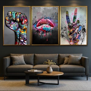 Banksy 3er Set Leinwand, Liebe und Küssen, Geschenk für Liebhaber, Buntes Graffiti, berühmtes Wandbildzitat, Herz-Graffitiart, Leinwand-Wanddekor