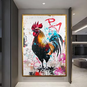 Rooster Painting Roosteer Decor Banksy Decoration Modern Unique Home Design Office Decoration Rooster Graffiti Farmhouse Gift Street Art image 4