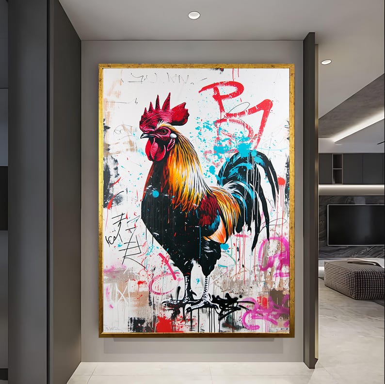 Rooster Painting Roosteer Decor Banksy Decoration Modern Unique Home Design Office Decoration Rooster Graffiti Farmhouse Gift Street Art image 4