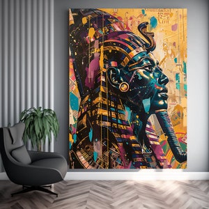 May include: A colorful abstract painting of a pharaoh's head with a gold crown and a blue and gold background.