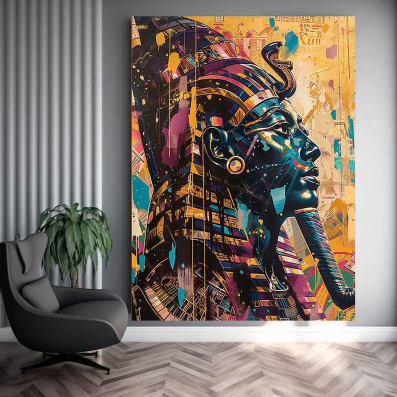 May include: A colorful abstract painting of a pharaoh's head with a gold crown and a blue and gold background.