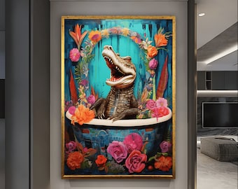 Aligator Kąpiący Się W Wannie Sztuka, Sztuka Ścienna Krokodyla, Zabawna Sztuka Ścienna Krokodyla, Zabawne Dekoracje Zwierząt, Sztuka Ścienna Amerykańskiej Kultury, Sztuka Mody