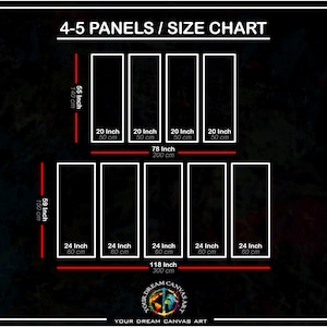 May include: Size chart for 4-5 panel canvas art prints. The chart shows the dimensions in inches and centimeters for both horizontal and vertical orientations. The total width of the 4-panel print is 78 inches (200 cm) and the total height is 55 inches (140 cm). The total width of the 5-panel print is 118 inches (300 cm) and the total height is 59 inches (150 cm).